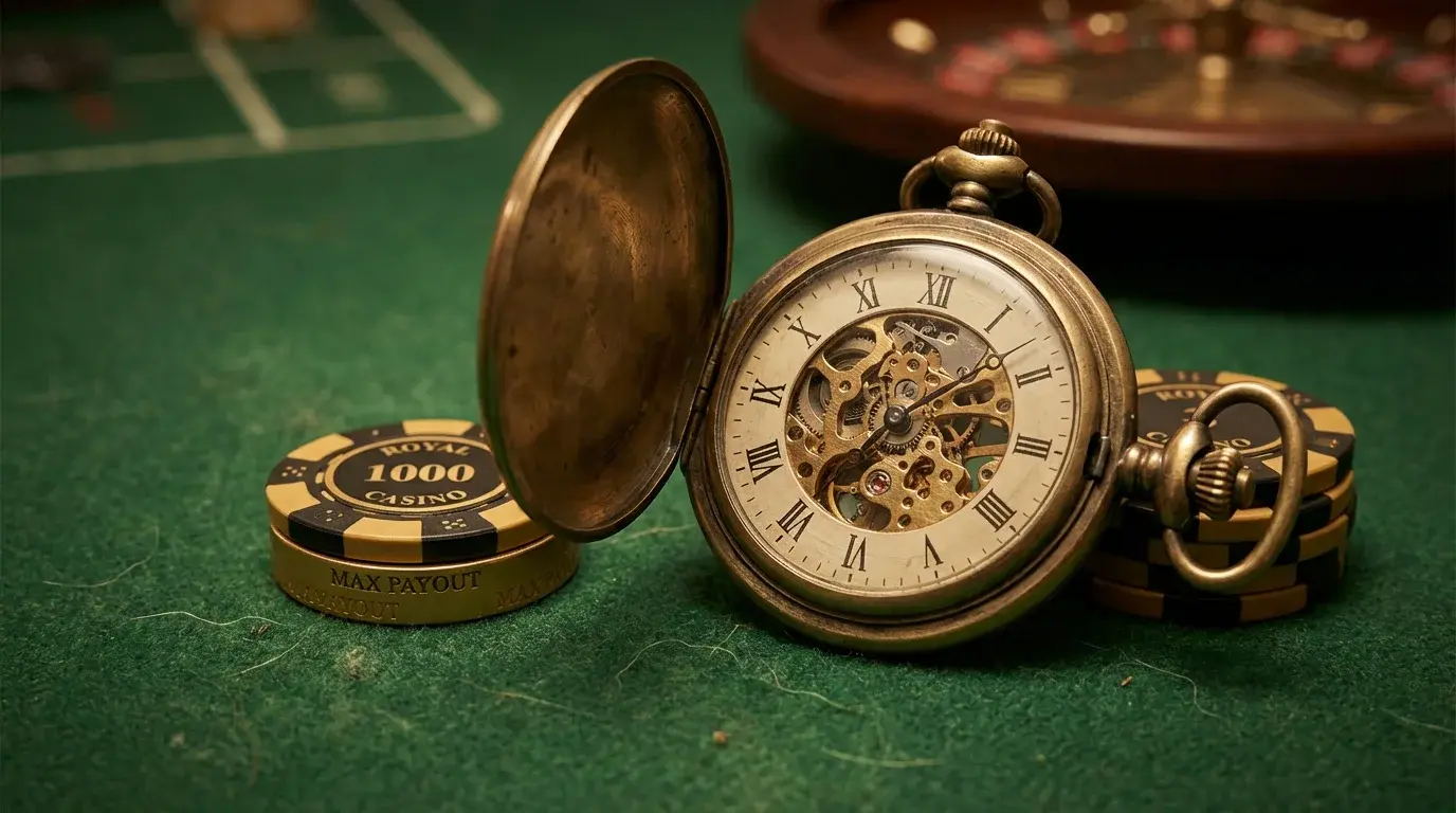 Clock and hourglass beside casino chips symbolising fast withdrawal processing times