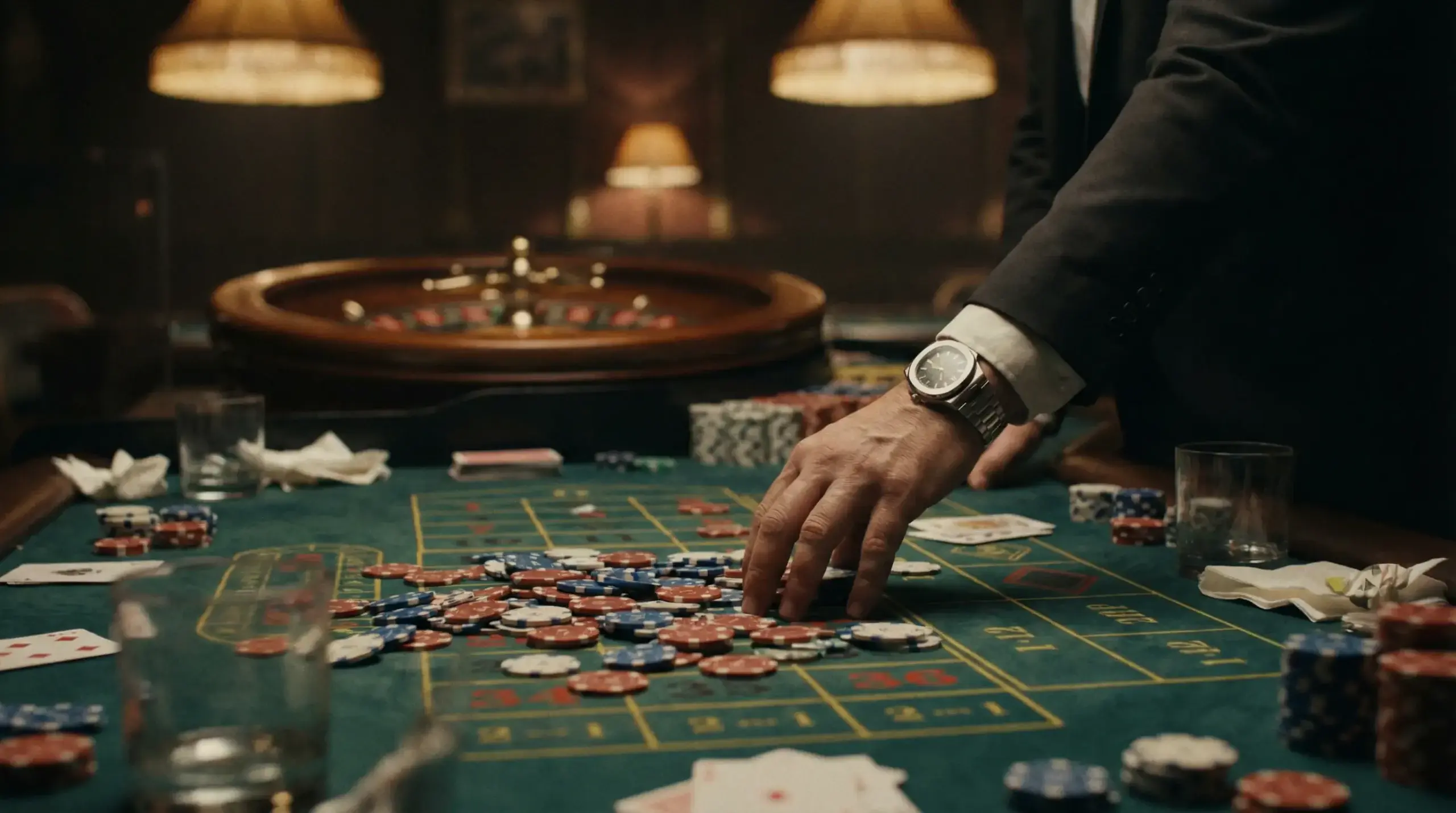 Roulette player looking frustrated with scattered chips representing common gambling mistakes