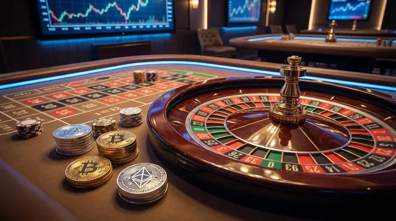 Roulette wheel with Bitcoin and cryptocurrency symbols