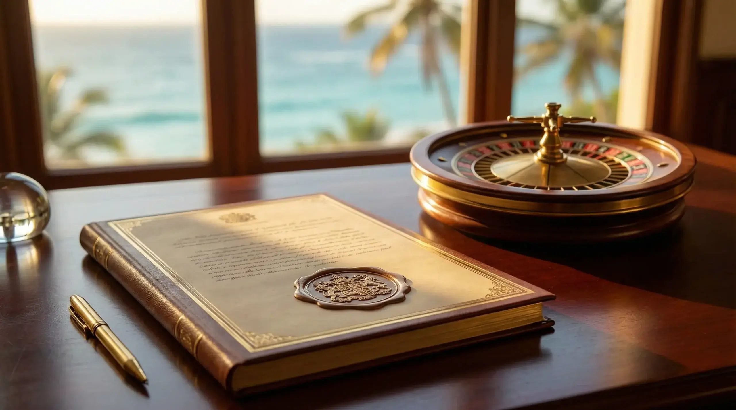 Curacao eGaming license seal with Caribbean coastline and roulette wheel in background