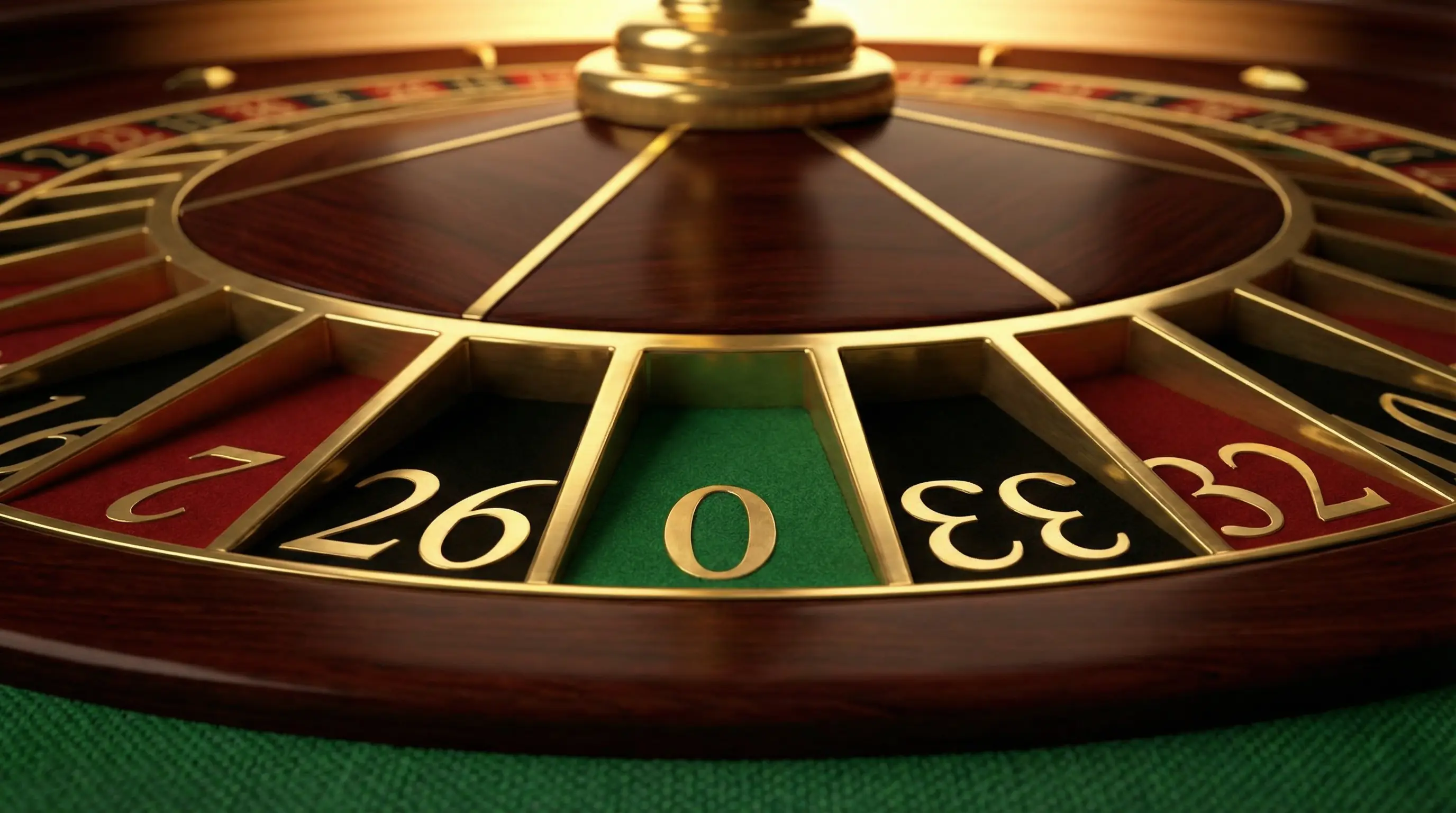 Close-up of European roulette wheel showing single zero pocket