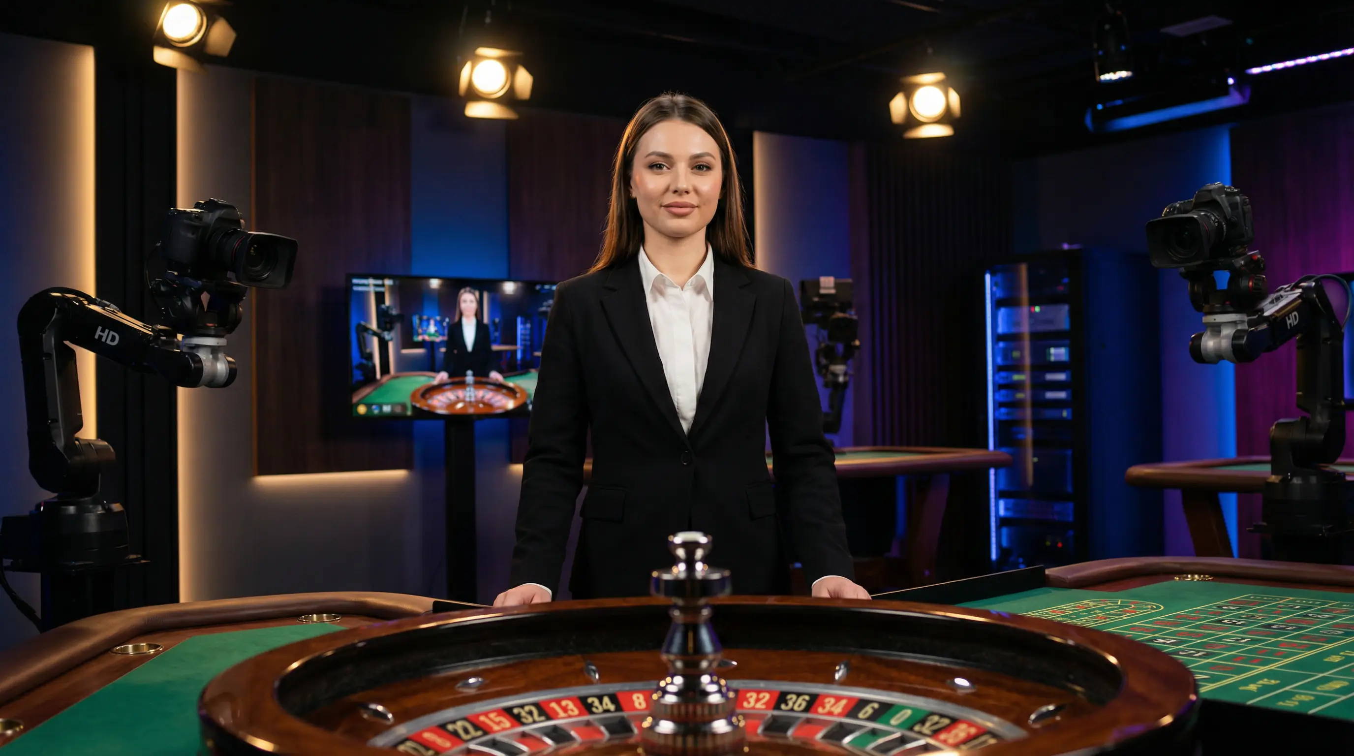 Professional live dealer at roulette table in casino studio