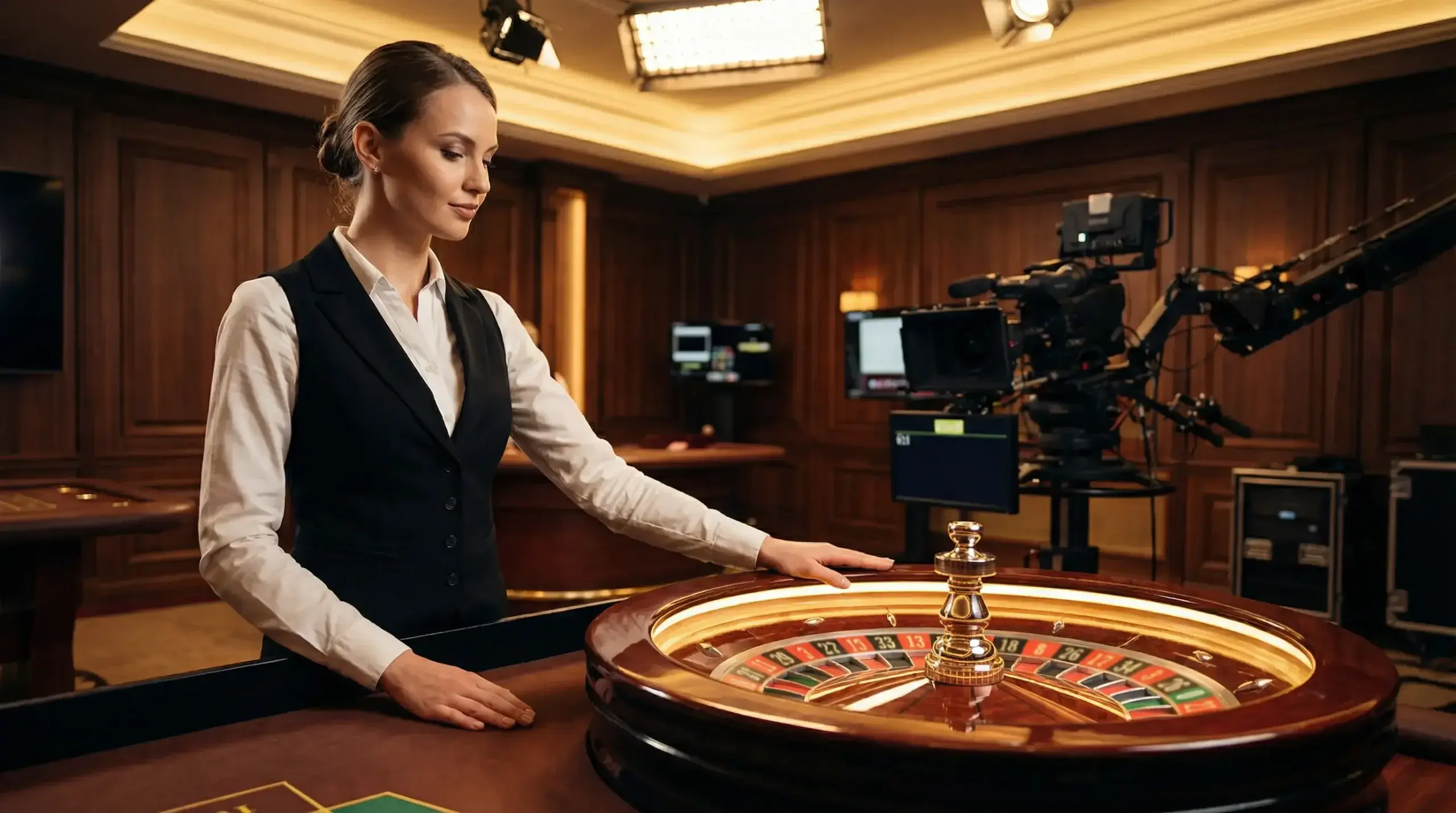 Live roulette dealer at professional casino table with HD streaming camera setup