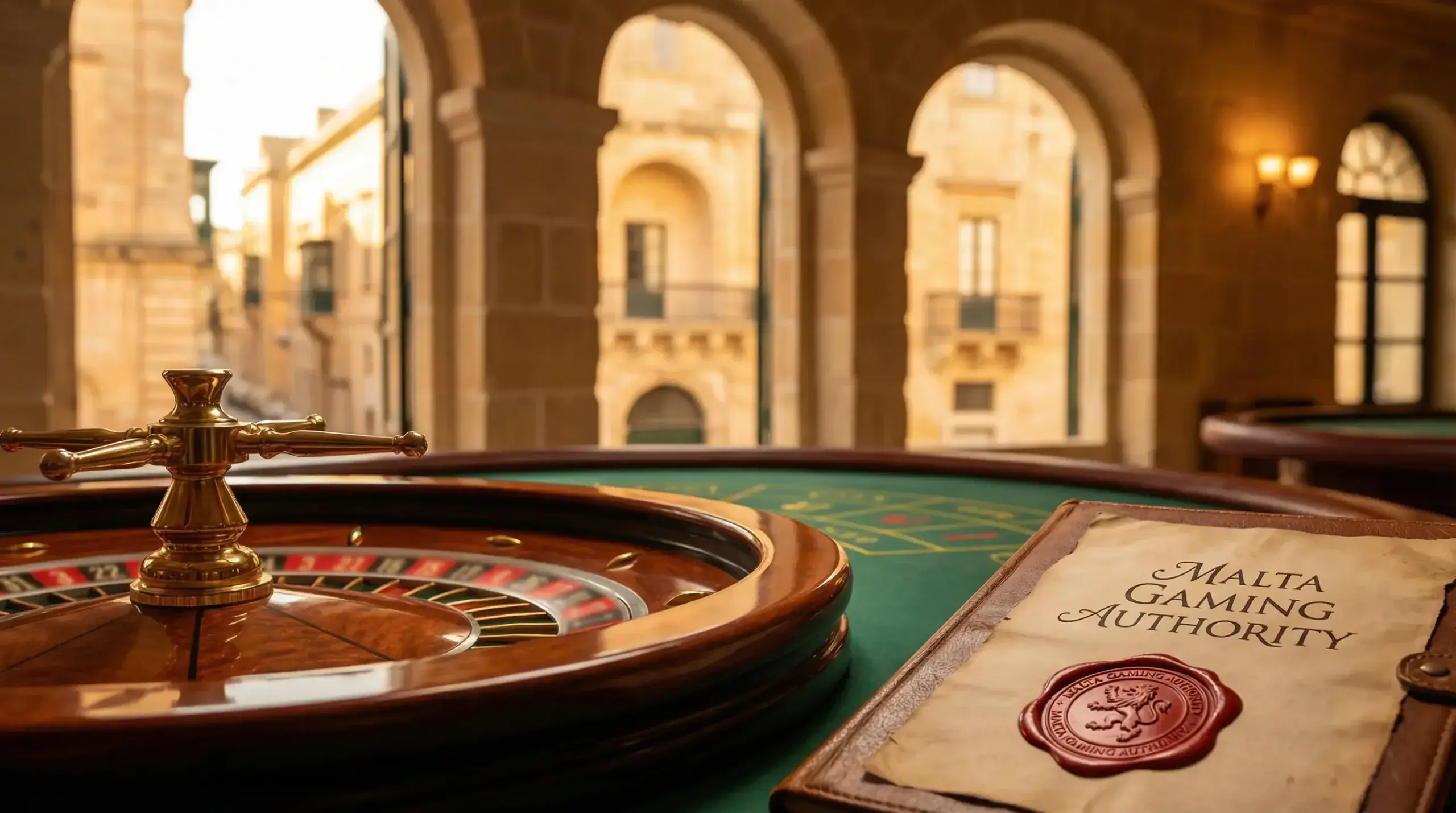 Malta Gaming Authority logo with Valletta harbour view and European roulette table