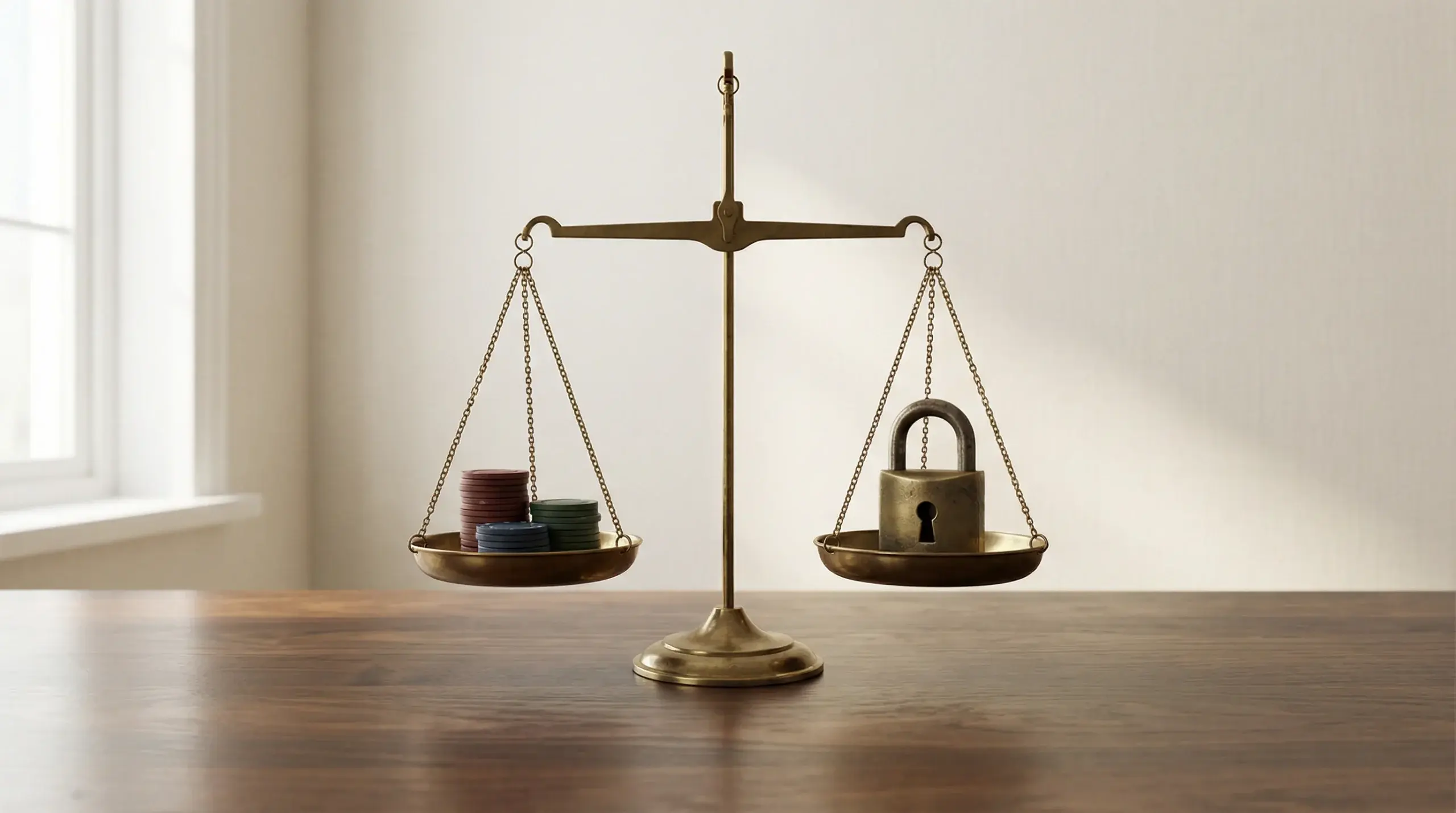 Balanced scales with casino chips representing responsible gambling and self-control
