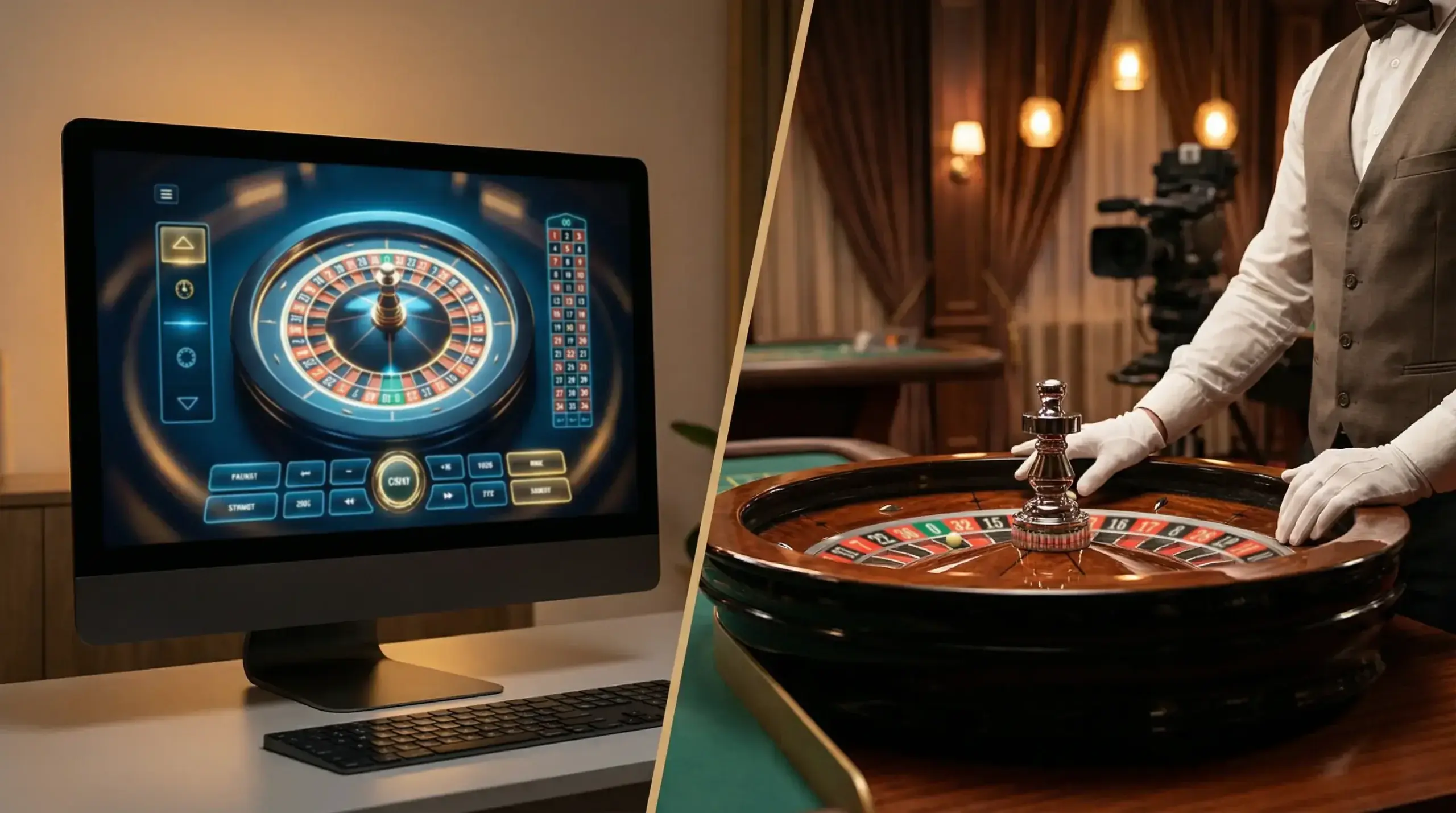 Split screen showing digital RNG roulette wheel and live dealer at professional roulette table
