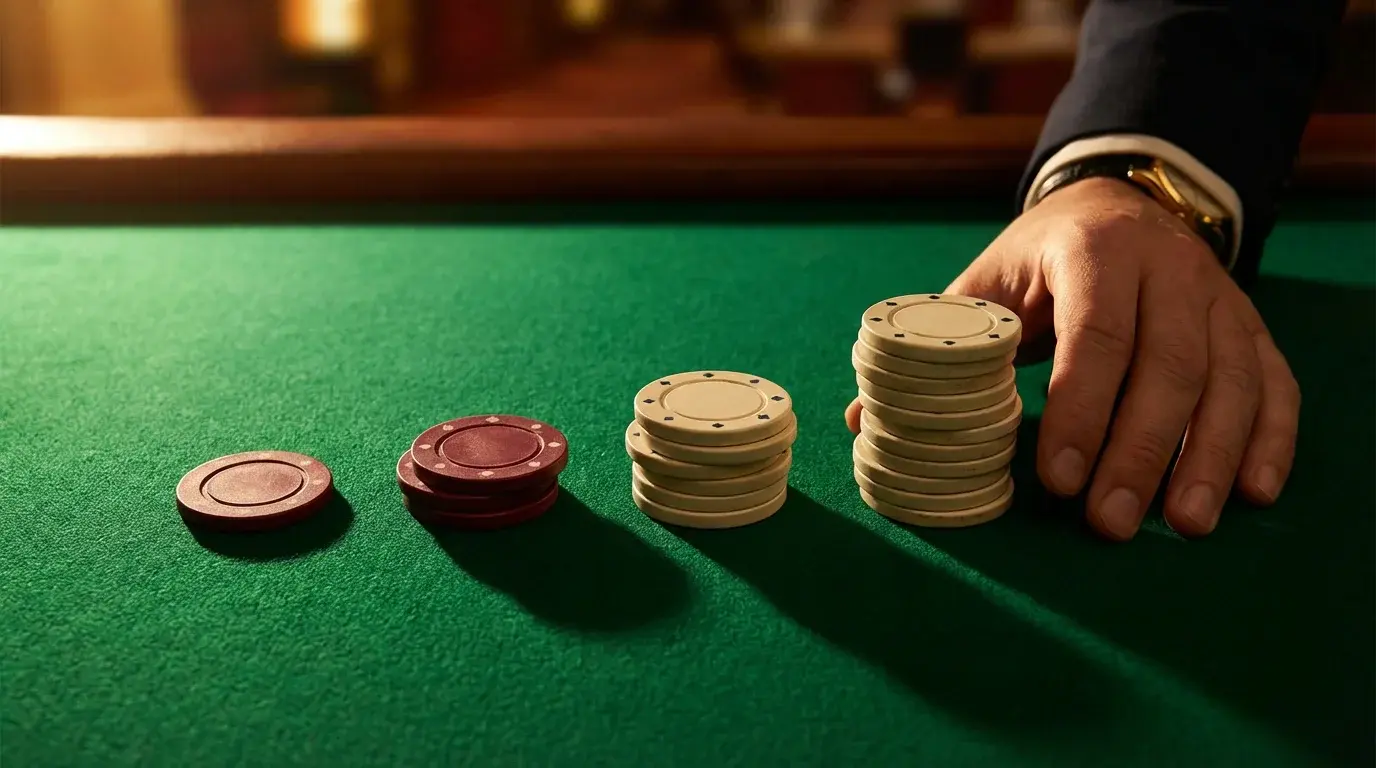 Roulette betting systems and strategies with chips arranged in progression patterns on casino table