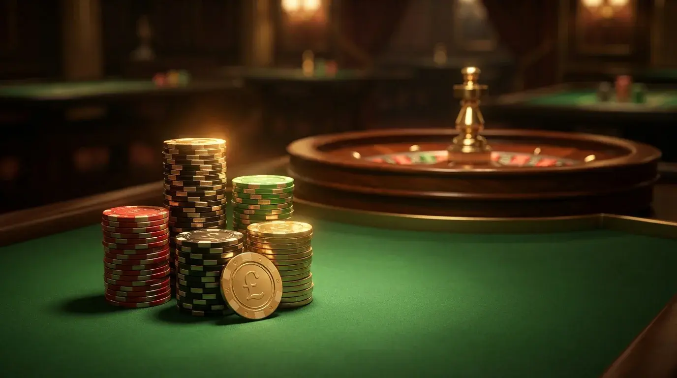 Stacked casino chips next to roulette wheel representing bonus rewards