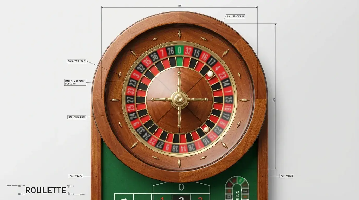 Roulette wheel with labeled parts and terminology markers for player education