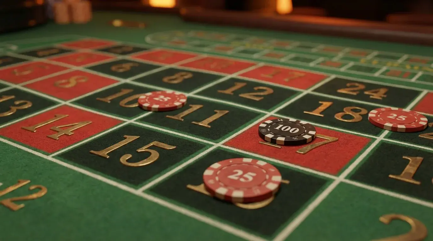 Roulette inside bets layout showing chip placements for straight, split, street and corner wagers