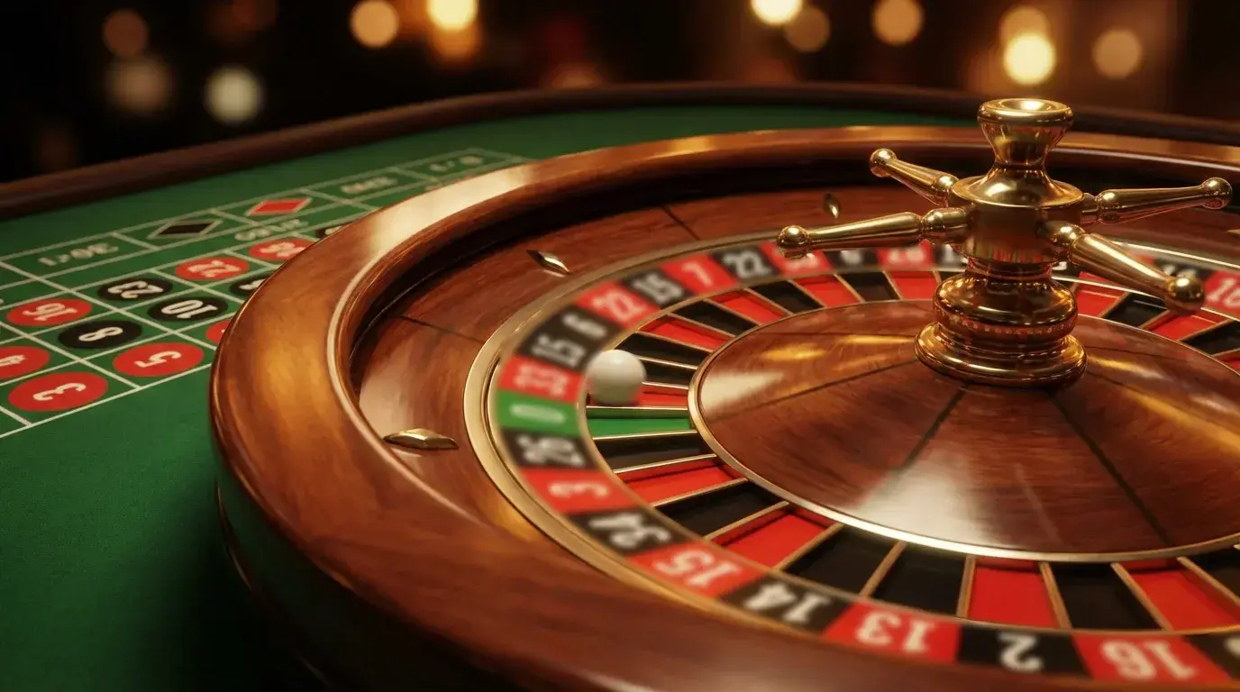 European roulette wheel spinning on green casino table