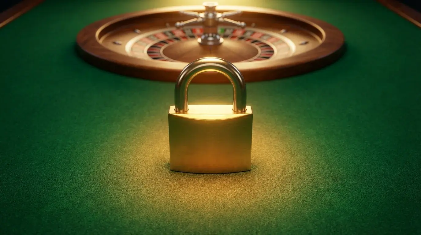 Padlock and shield symbol over roulette table representing casino security